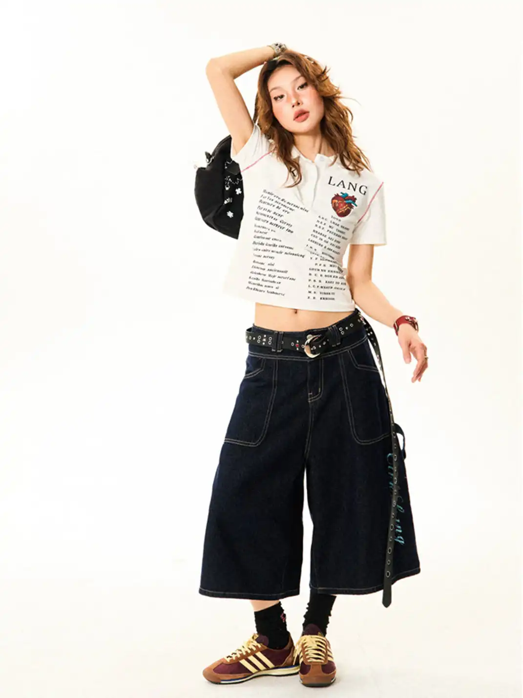 YOUNG STAGE | Cross Print Denim Cropped Capri Pants