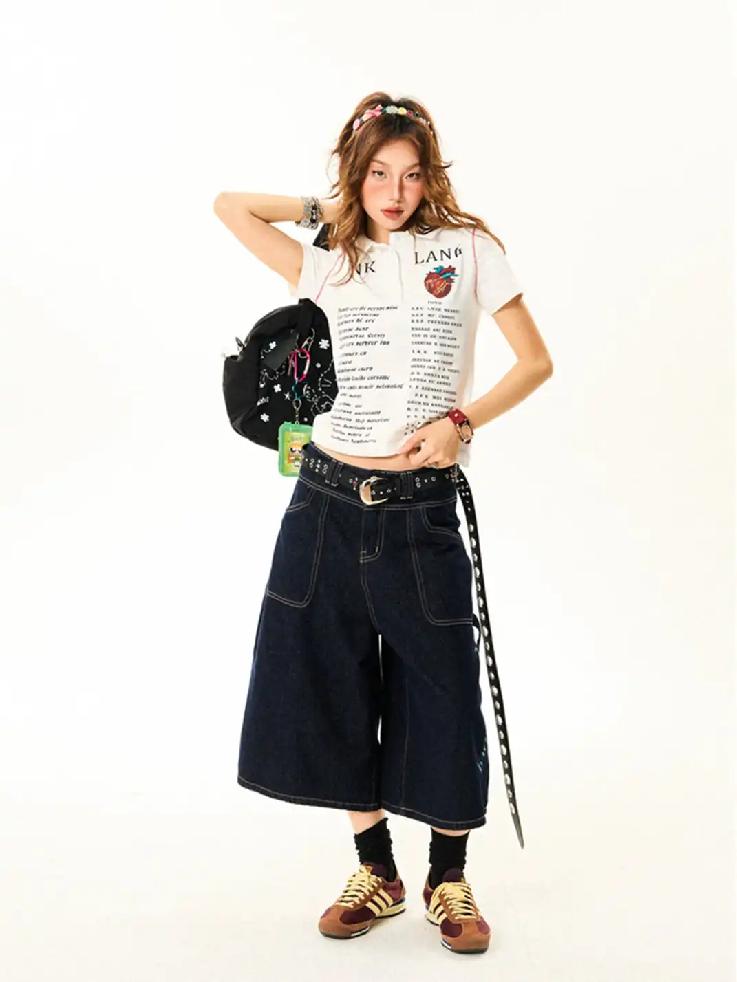 YOUNG STAGE | Cross Print Denim Cropped Capri Pants