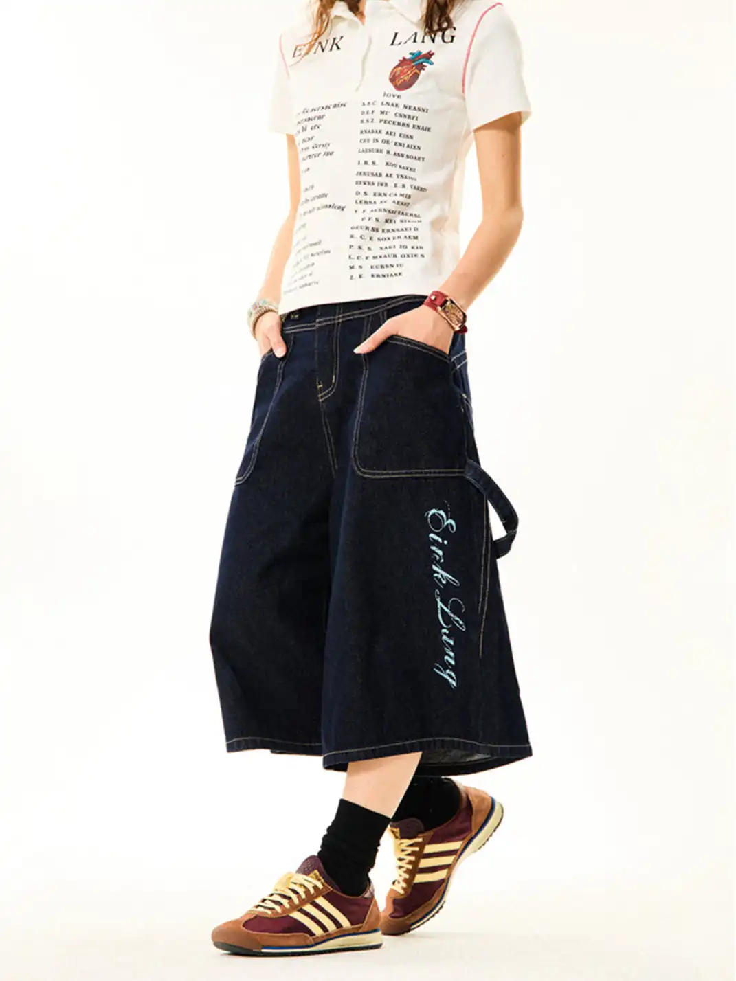 YOUNG STAGE | Cross Print Denim Cropped Capri Pants