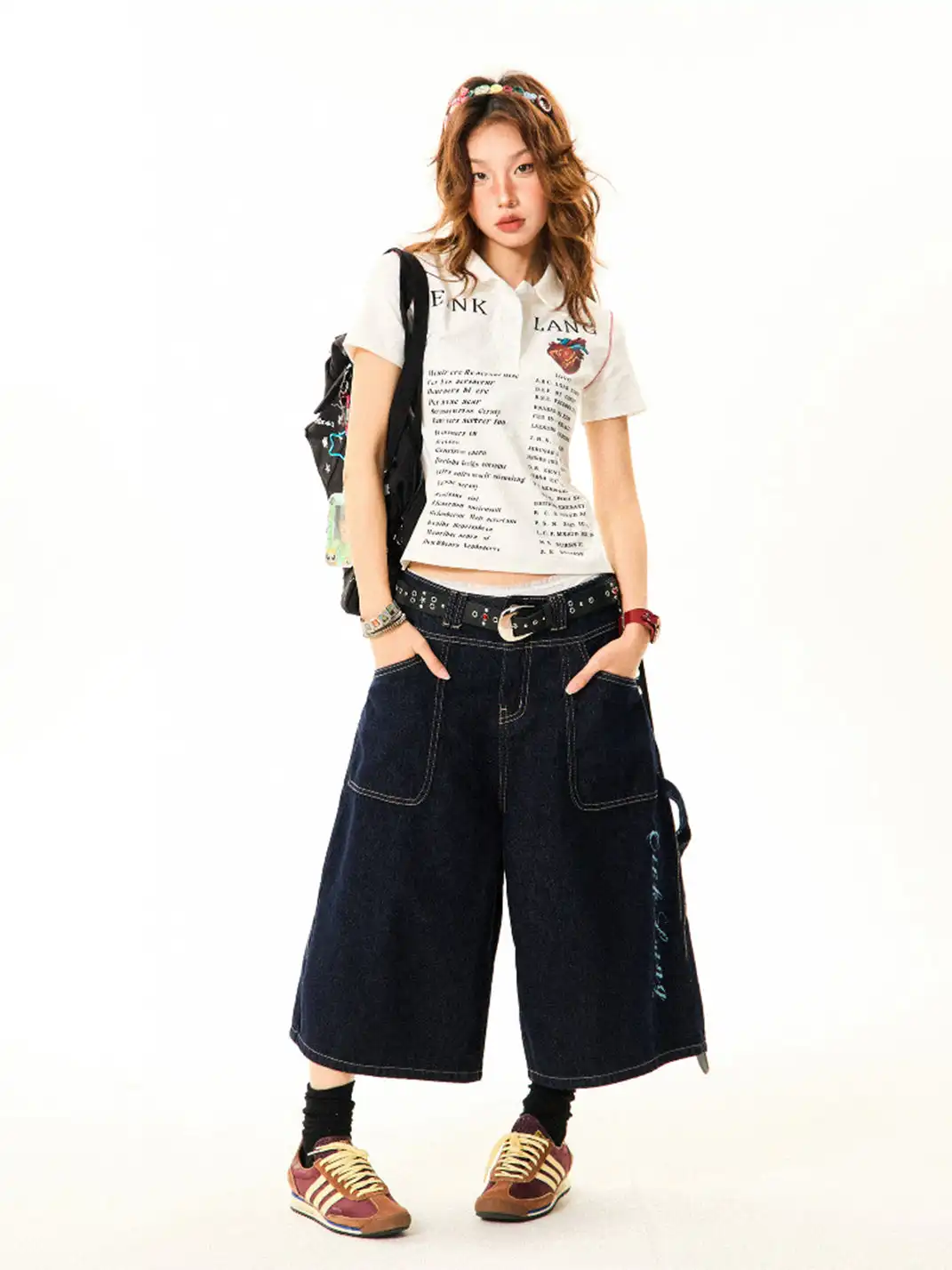 YOUNG STAGE | Cross Print Denim Cropped Capri Pants