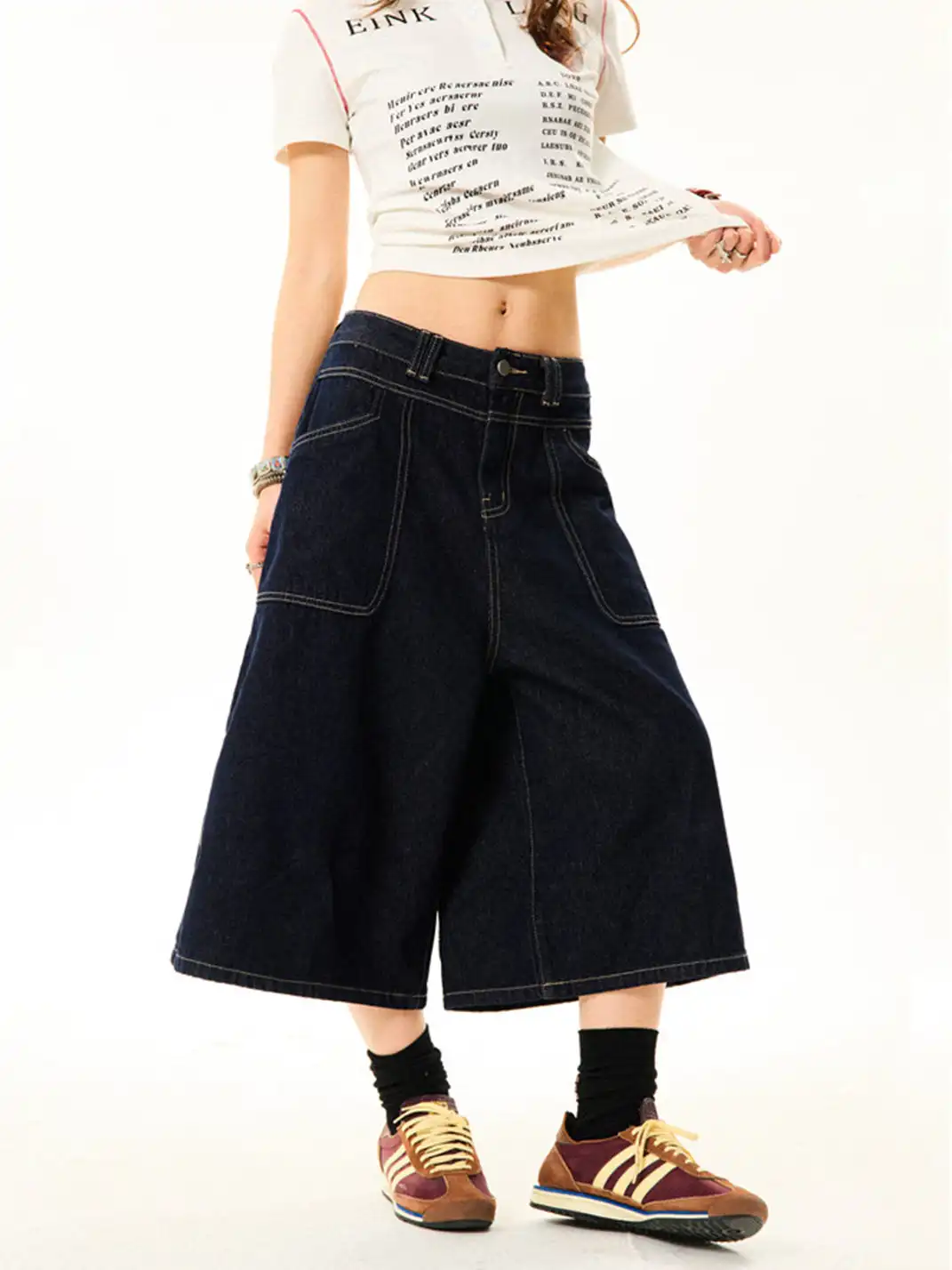 YOUNG STAGE | Cross Print Denim Cropped Capri Pants