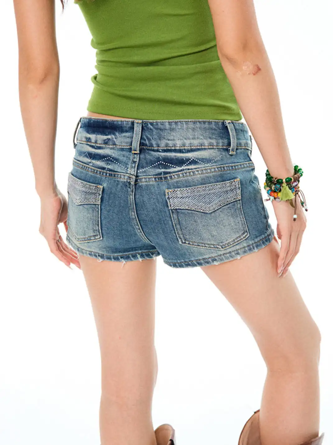 YOUNG STAGE | Washed Rhinestone Denim Shorts