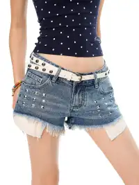 YOUNG STAGE | Distressed Rivet Fringe Denim Shorts