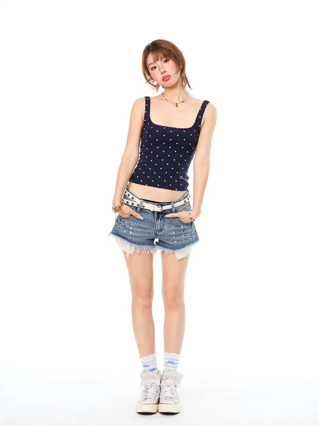 YOUNG STAGE | Distressed Rivet Fringe Denim Shorts