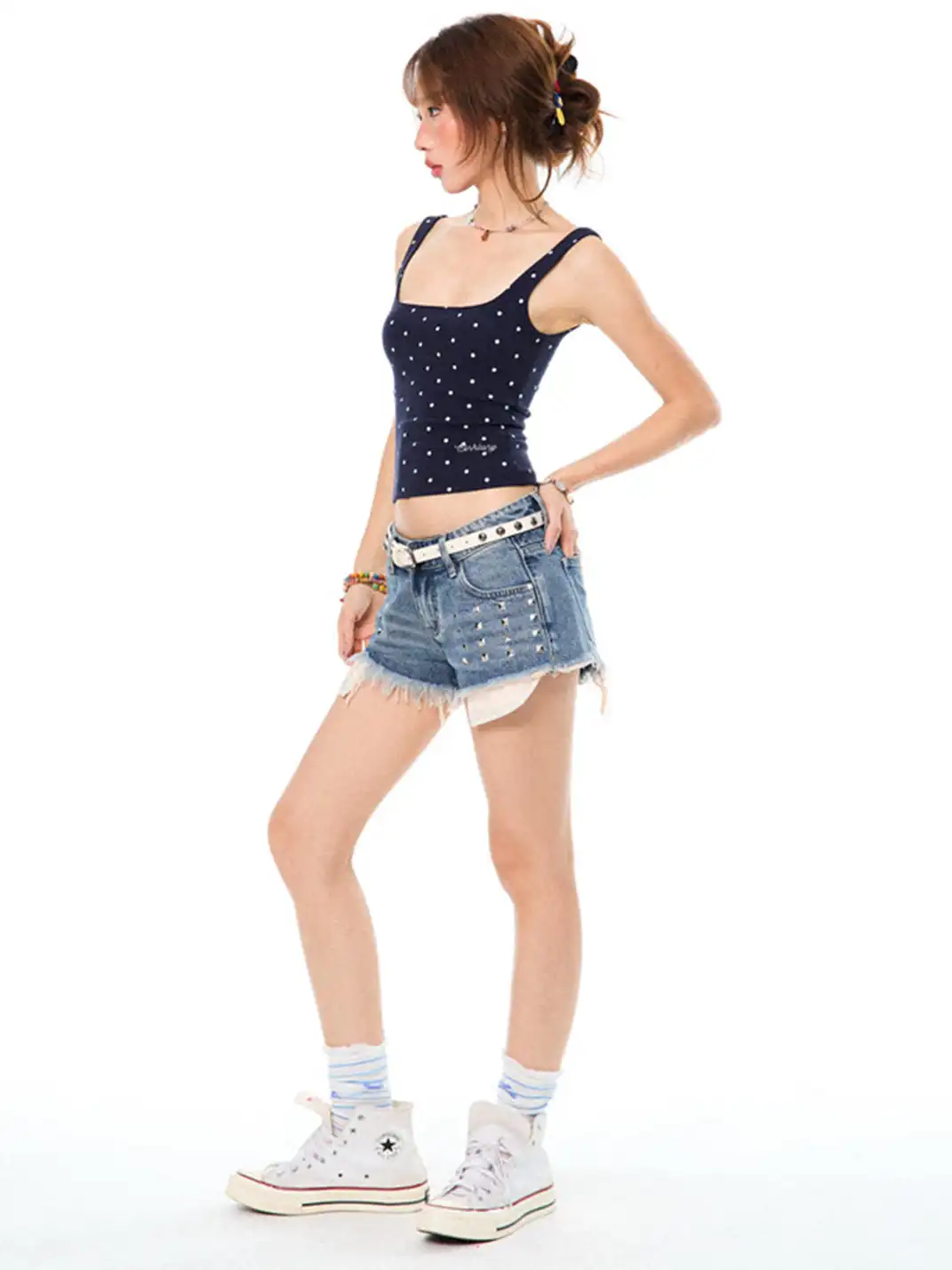 YOUNG STAGE | Distressed Rivet Fringe Denim Shorts