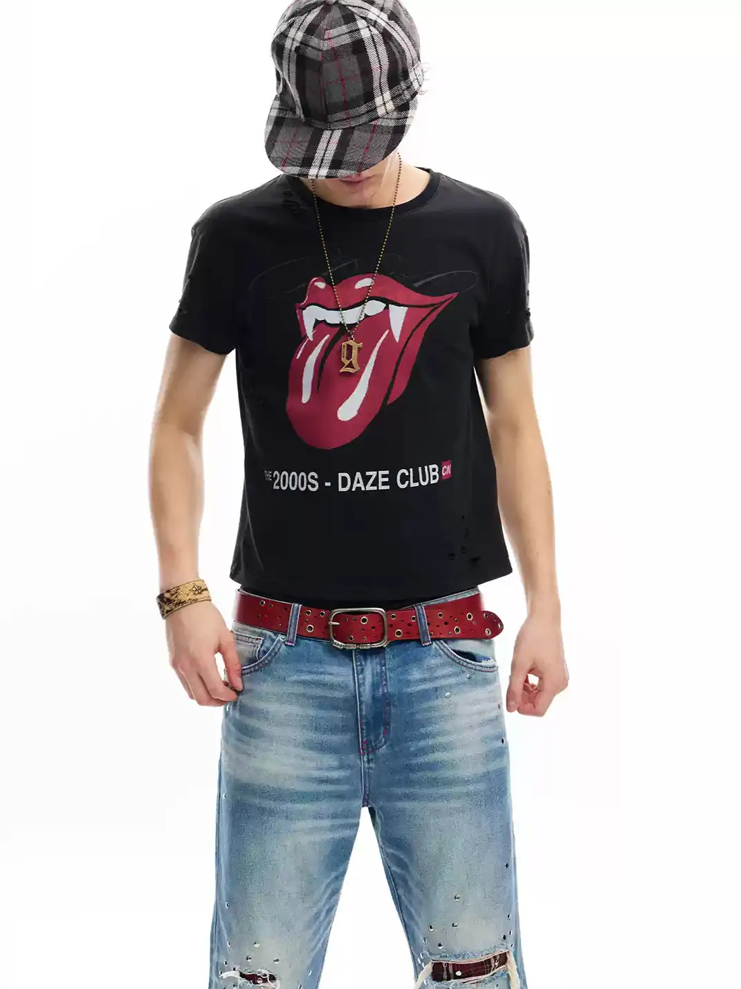 noEmosen | Vampire Fangs Tongue Print Distressed Ripped T-Shirt