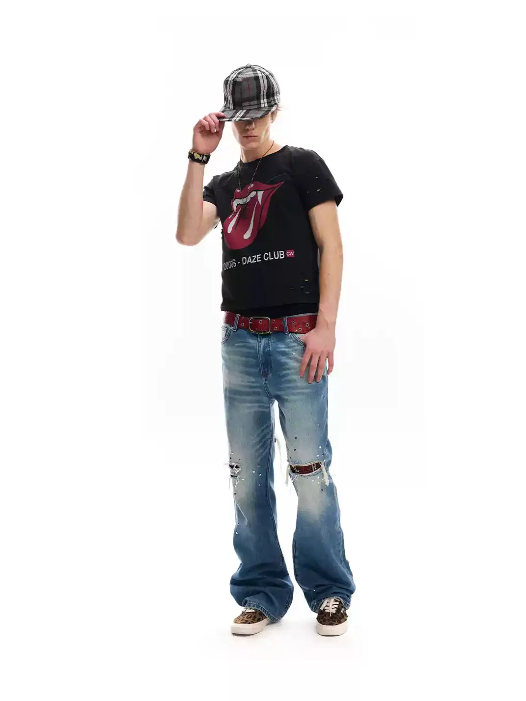 noEmosen | Vampire Fangs Tongue Print Distressed Ripped T-Shirt