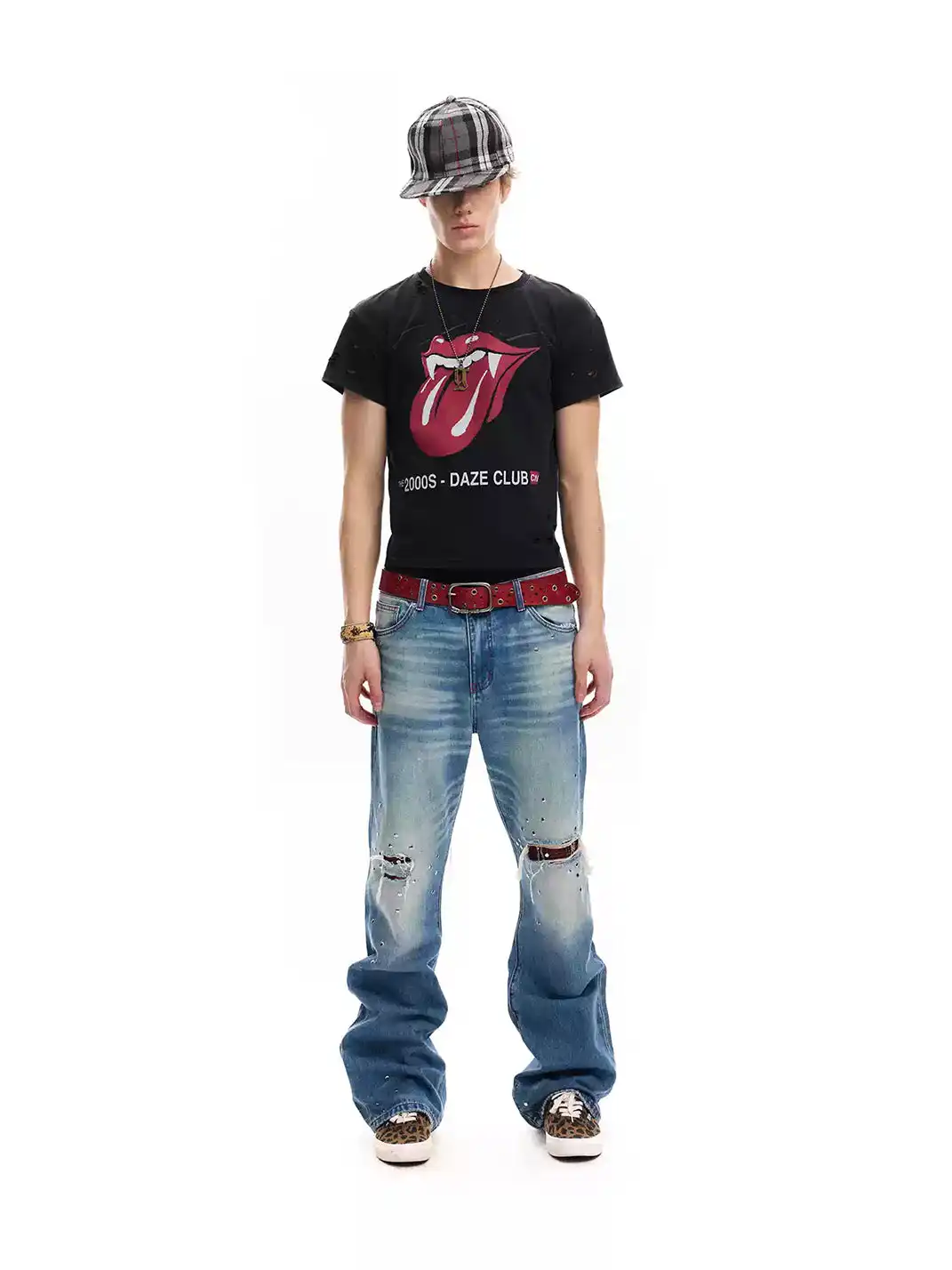 noEmosen | Vampire Fangs Tongue Print Distressed Ripped T-Shirt