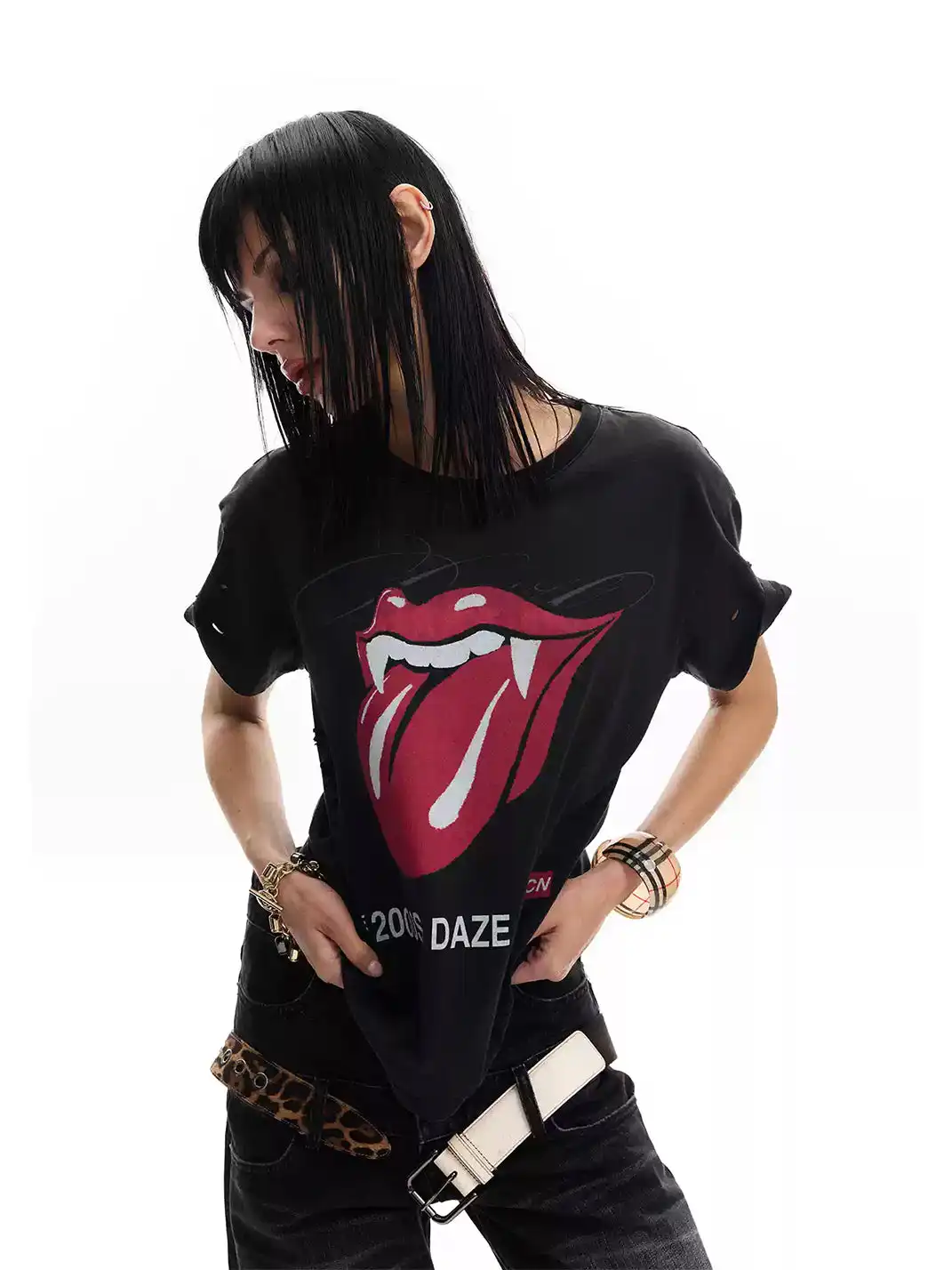 noEmosen | Vampire Fangs Tongue Print Distressed Ripped T-Shirt