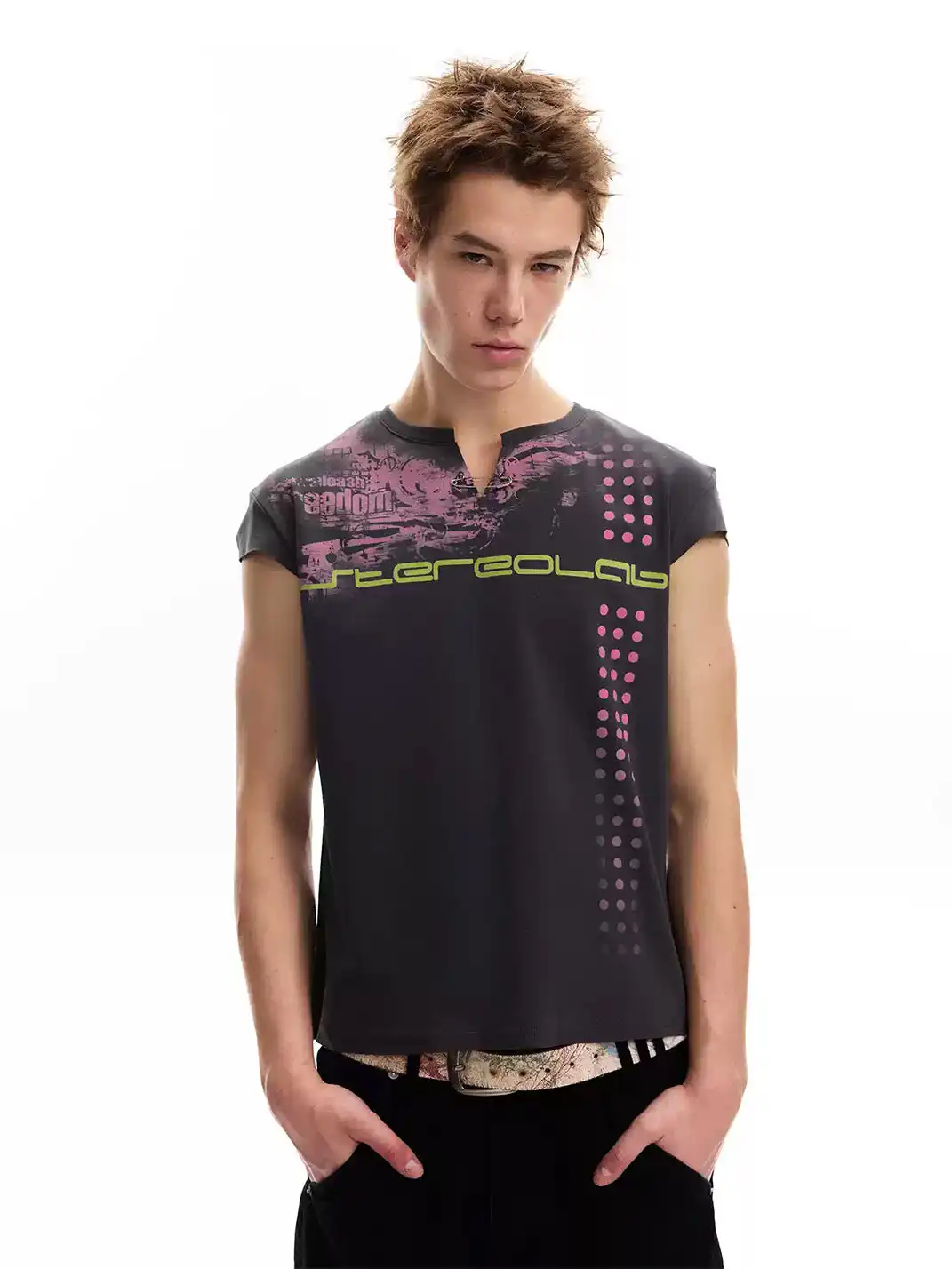 noEmosen | Polka Dot Print Safety Pin Flutter Sleeve T-Shirt
