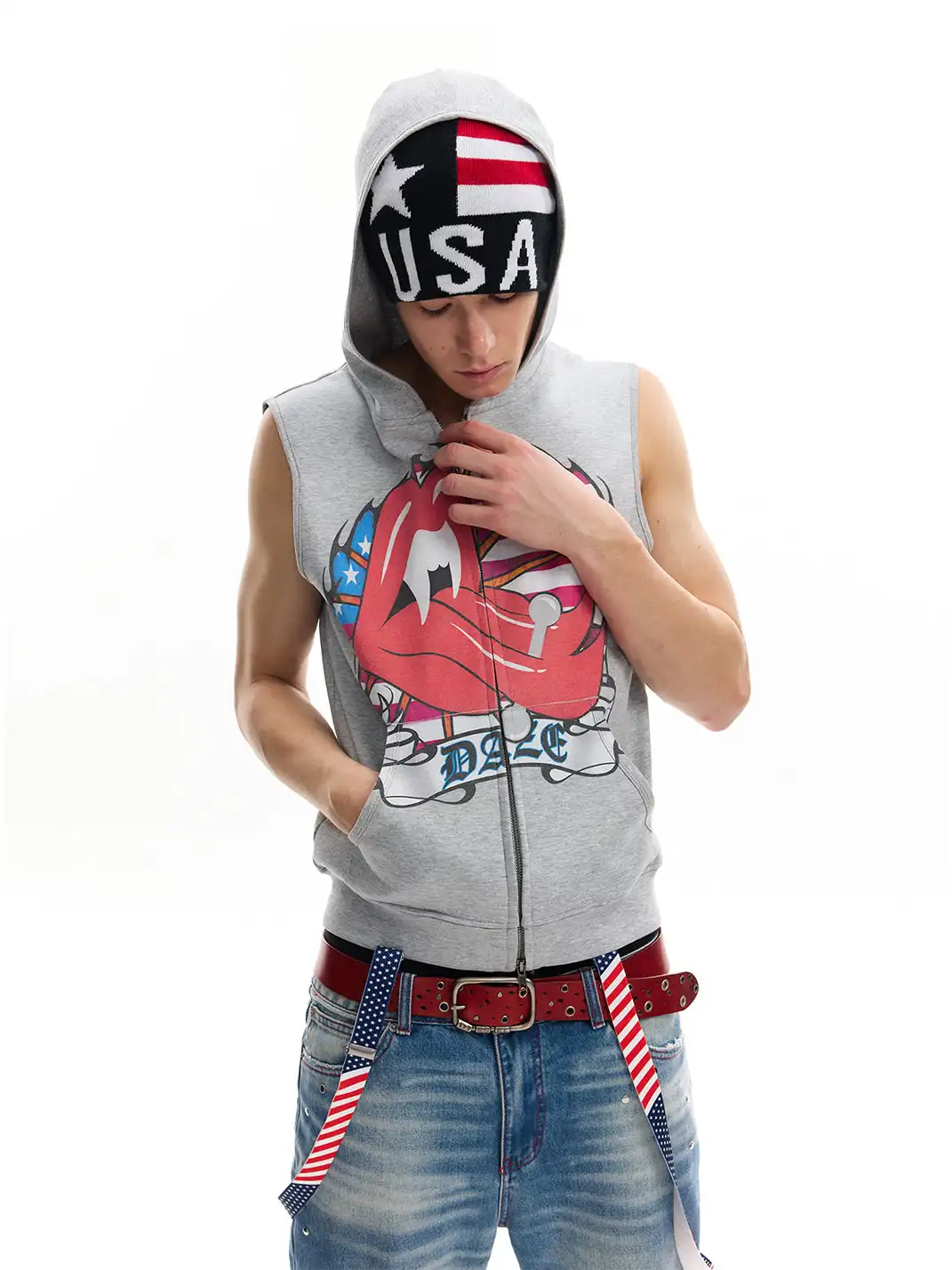 noEmosen | Spoof Tongue Stud Print Hooded Tank Top