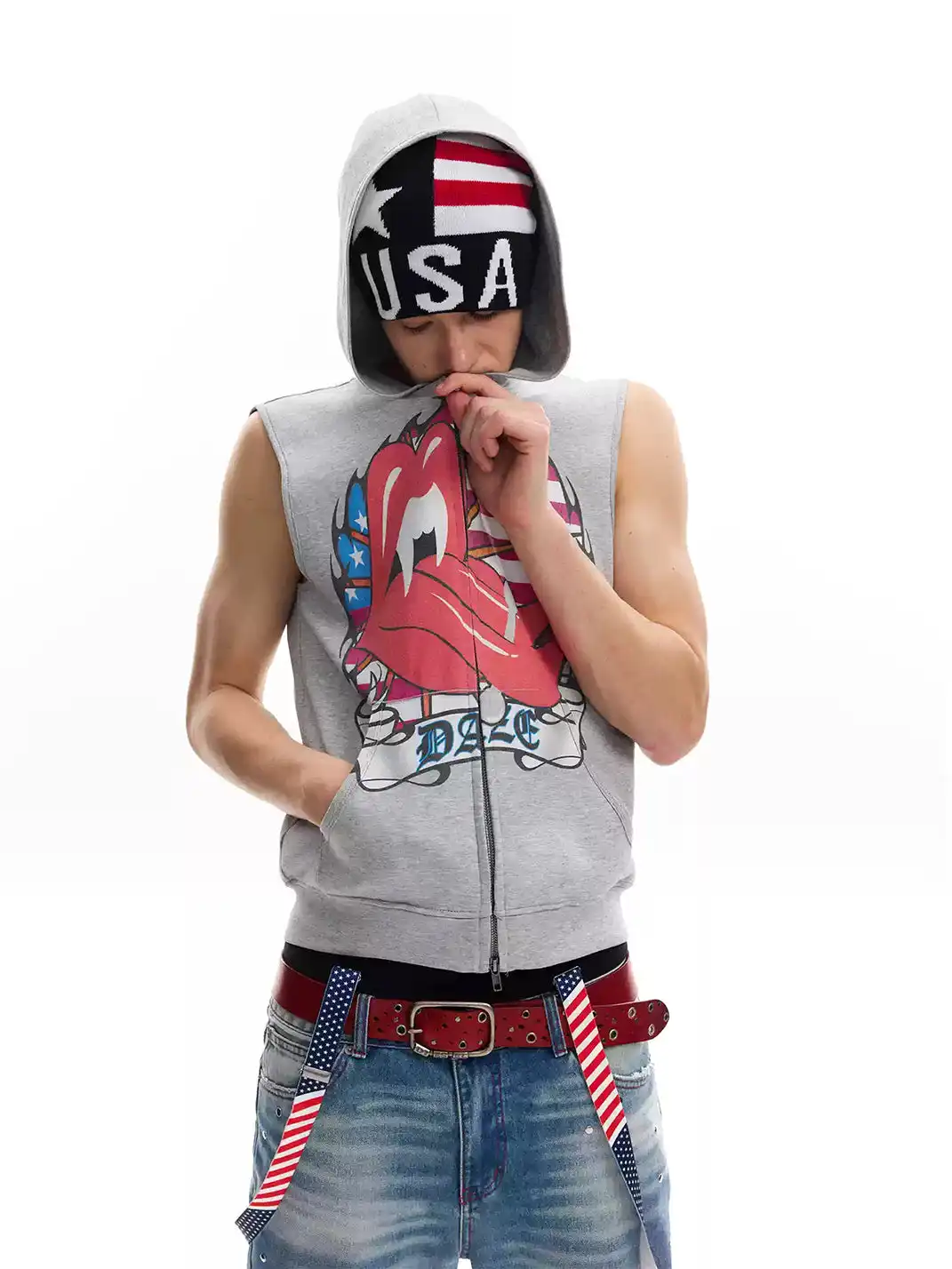 noEmosen | Spoof Tongue Stud Print Hooded Tank Top