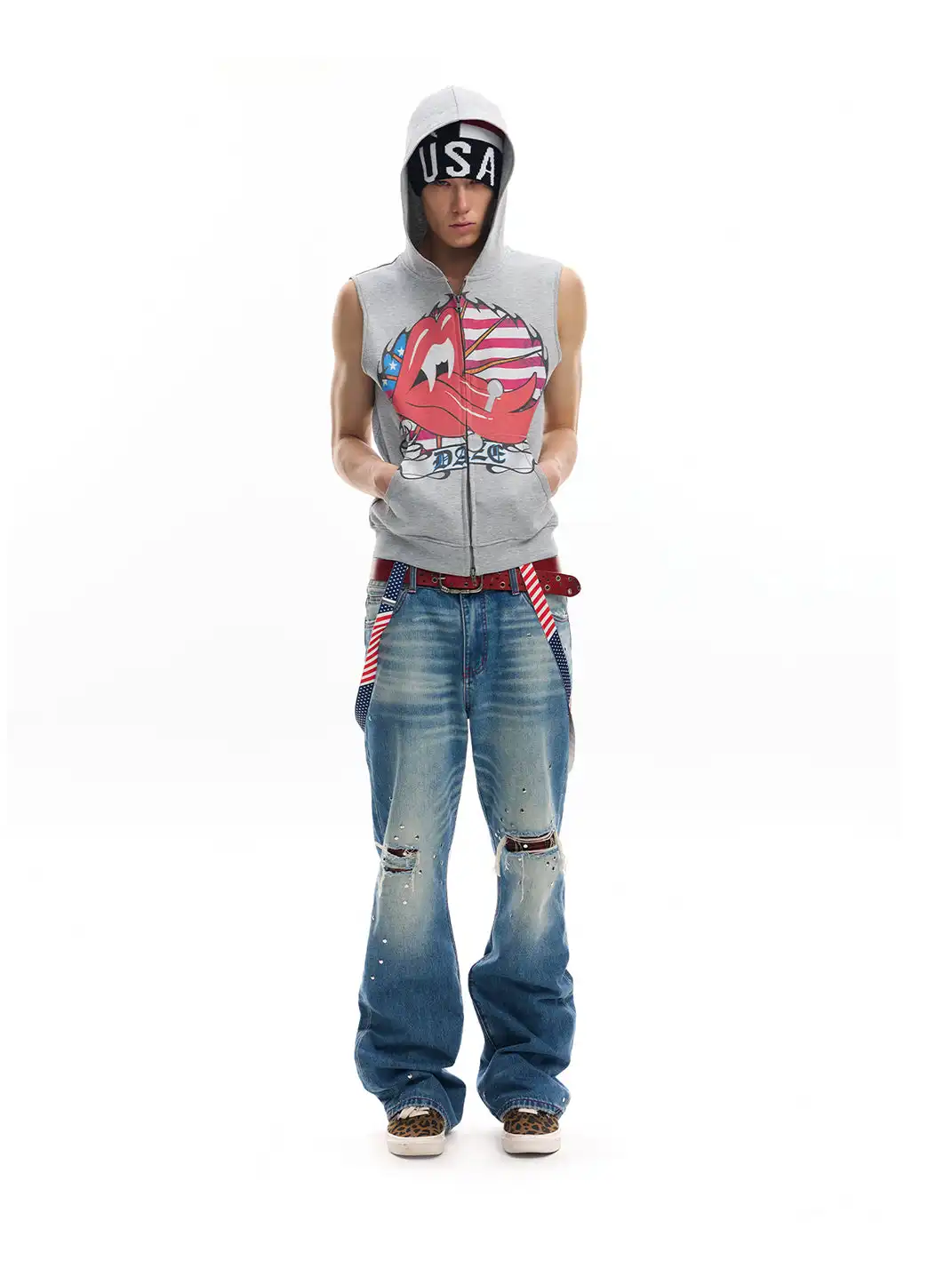 noEmosen | Spoof Tongue Stud Print Hooded Tank Top