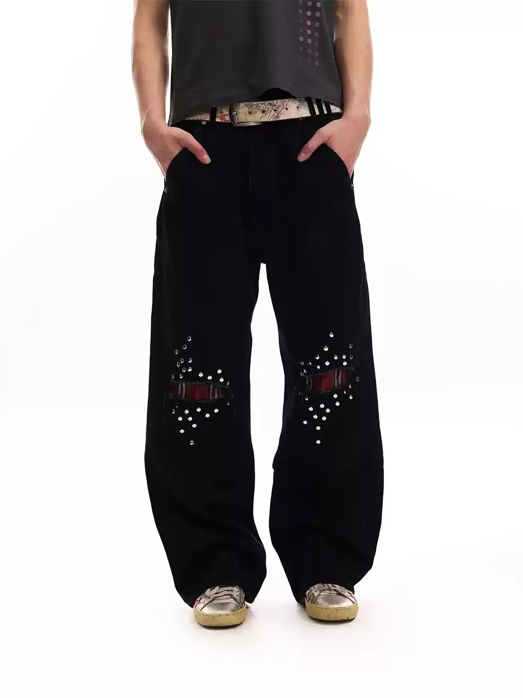 noEmosen | Double-Knee Distressed Patch Plaid Jeans