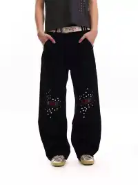 noEmosen | Double-Knee Distressed Patch Plaid Jeans