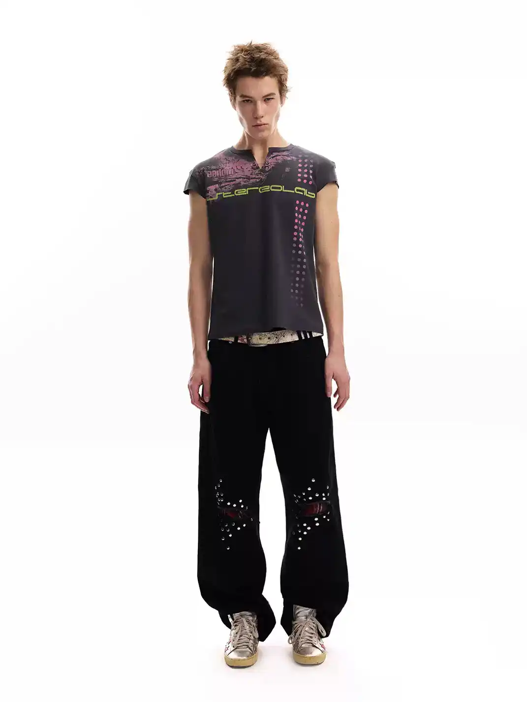 noEmosen | Double-Knee Distressed Patch Plaid Jeans