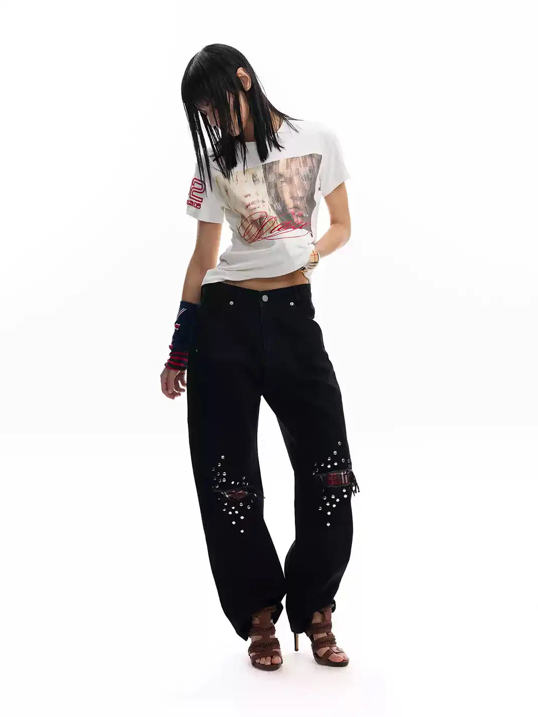 noEmosen | Double-Knee Distressed Patch Plaid Jeans