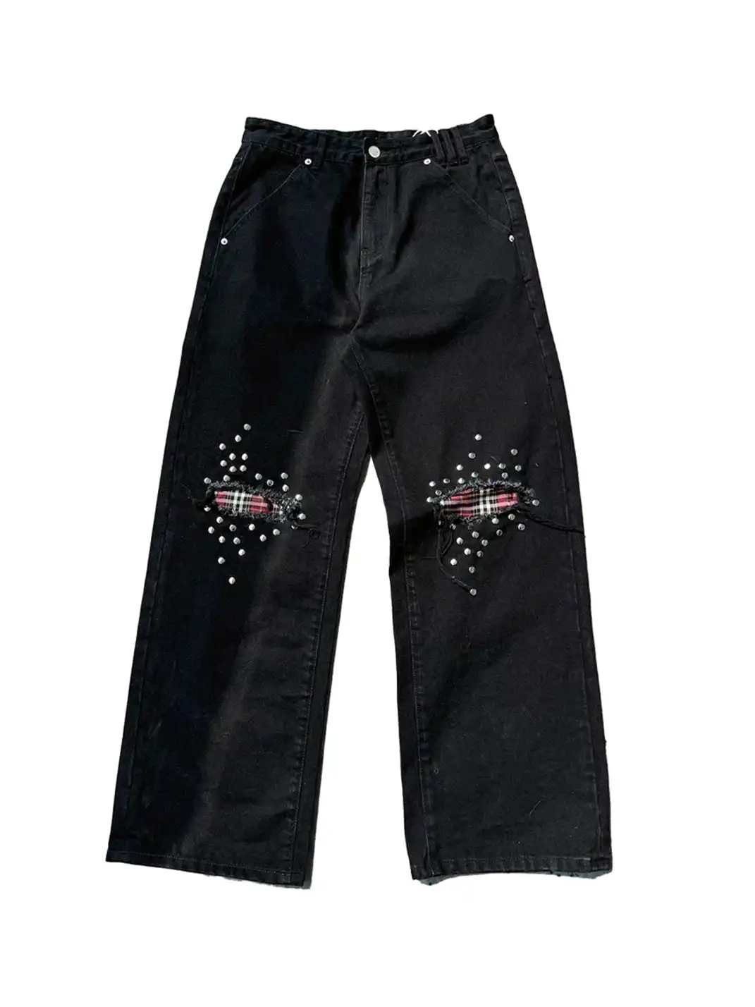 noEmosen | Double-Knee Distressed Patch Plaid Jeans