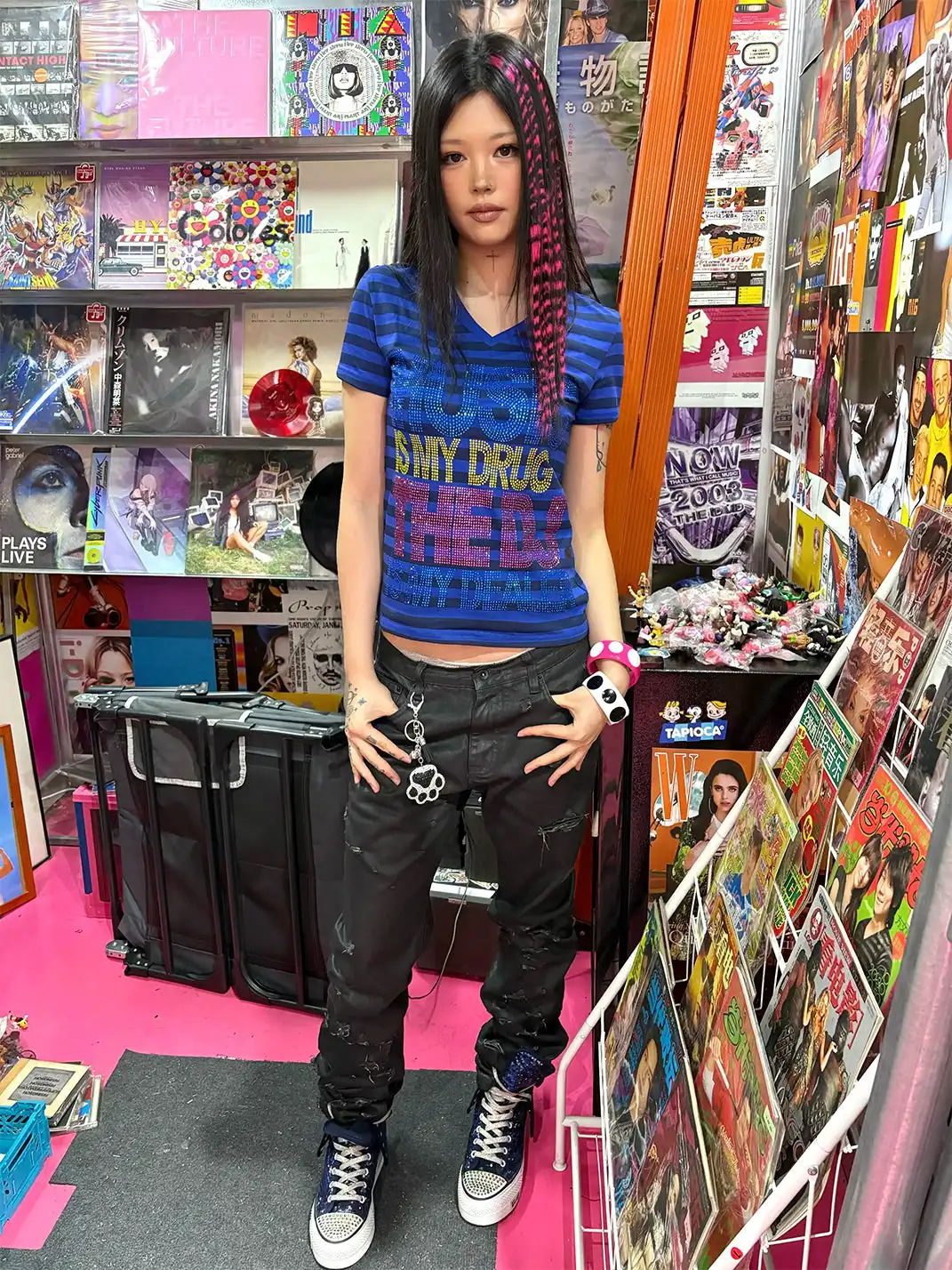 noEmosen | Bright Color Rhinestone Slogan Stripe T-Shirt