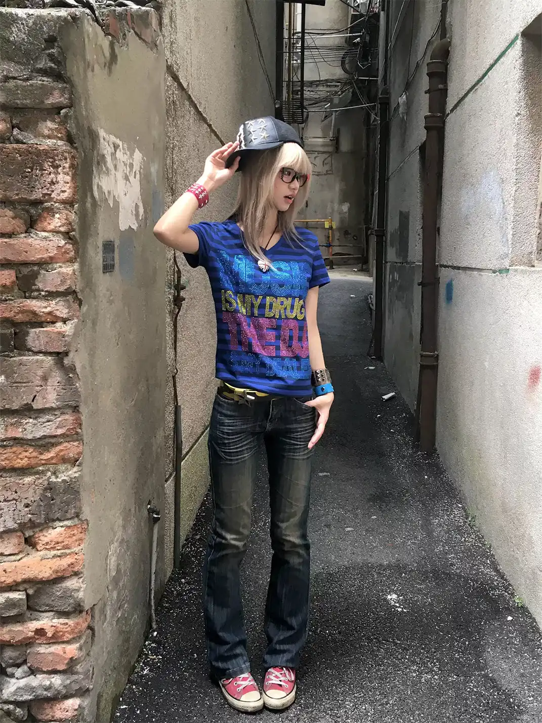 noEmosen | Bright Color Rhinestone Slogan Stripe T-Shirt