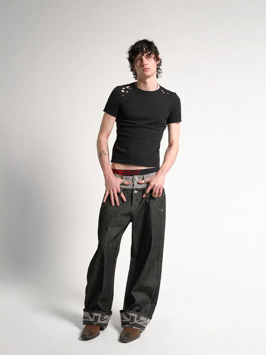 noEmosen | Double Waist Cuffed Rigid Denim Straight-Leg Jeans