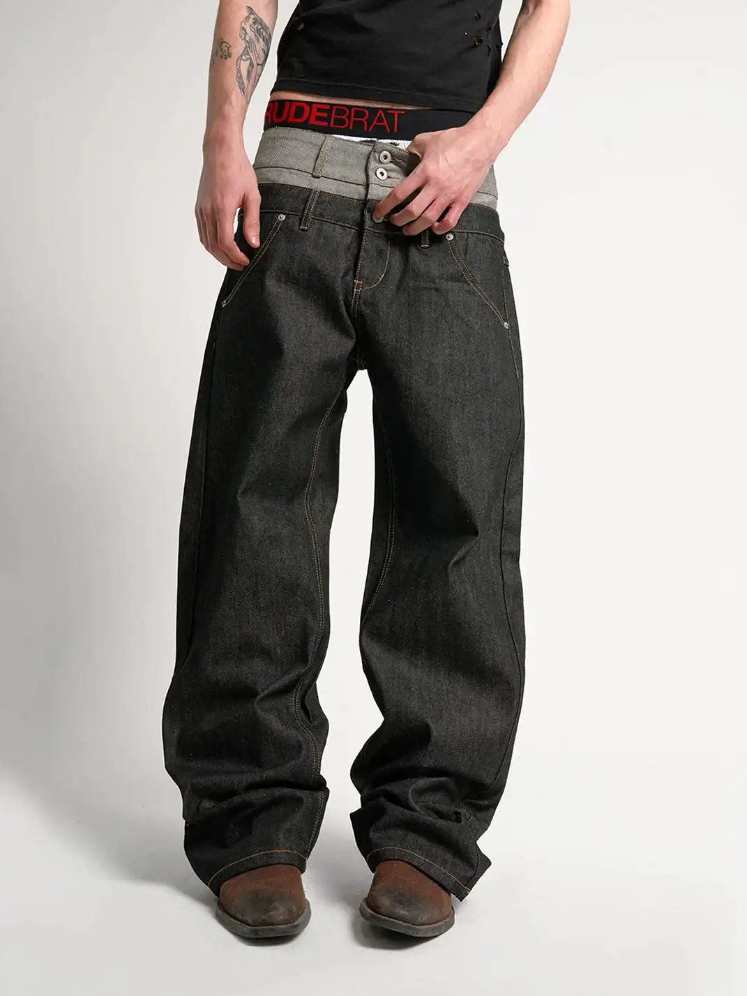 noEmosen | Double Waist Cuffed Rigid Denim Straight-Leg Jeans