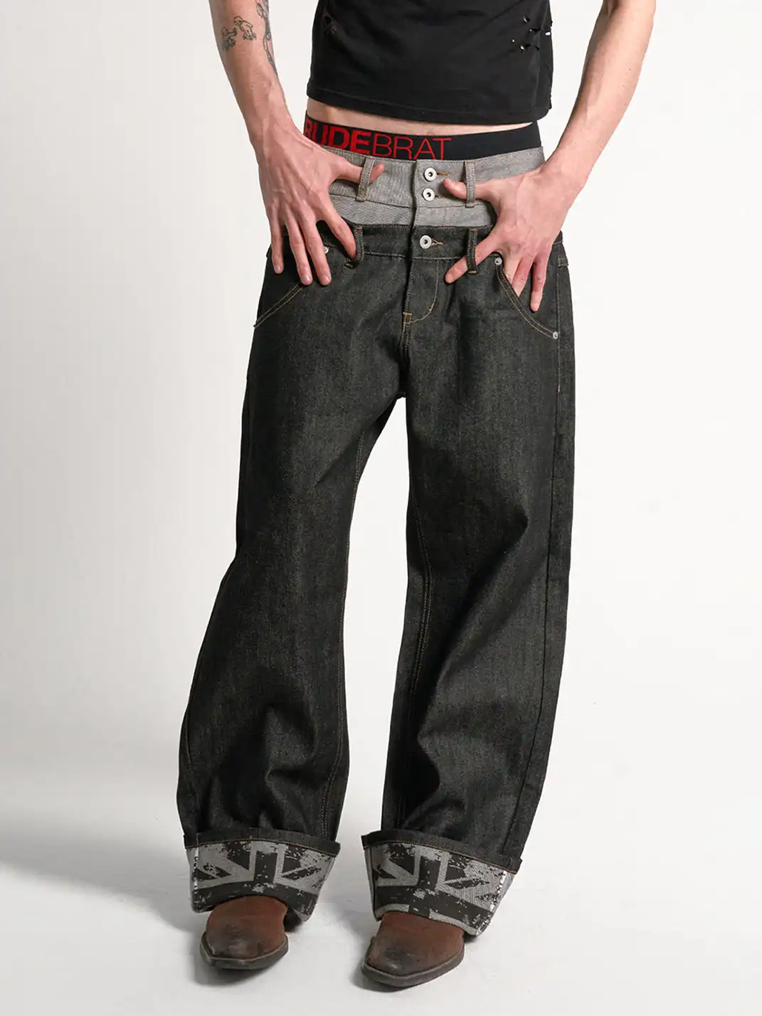 noEmosen | Double Waist Cuffed Rigid Denim Straight-Leg Jeans