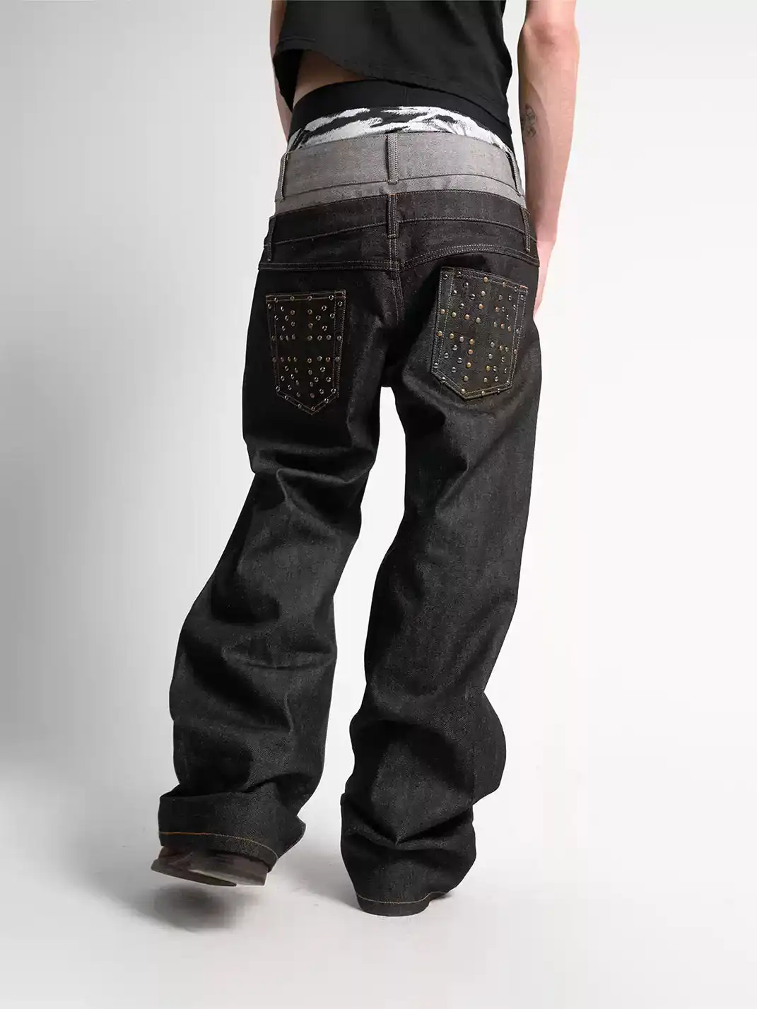noEmosen | Double Waist Cuffed Rigid Denim Straight-Leg Jeans