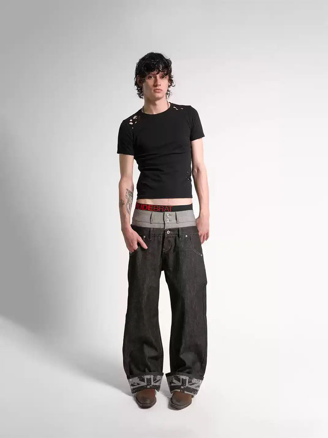 noEmosen | Double Waist Cuffed Rigid Denim Straight-Leg Jeans