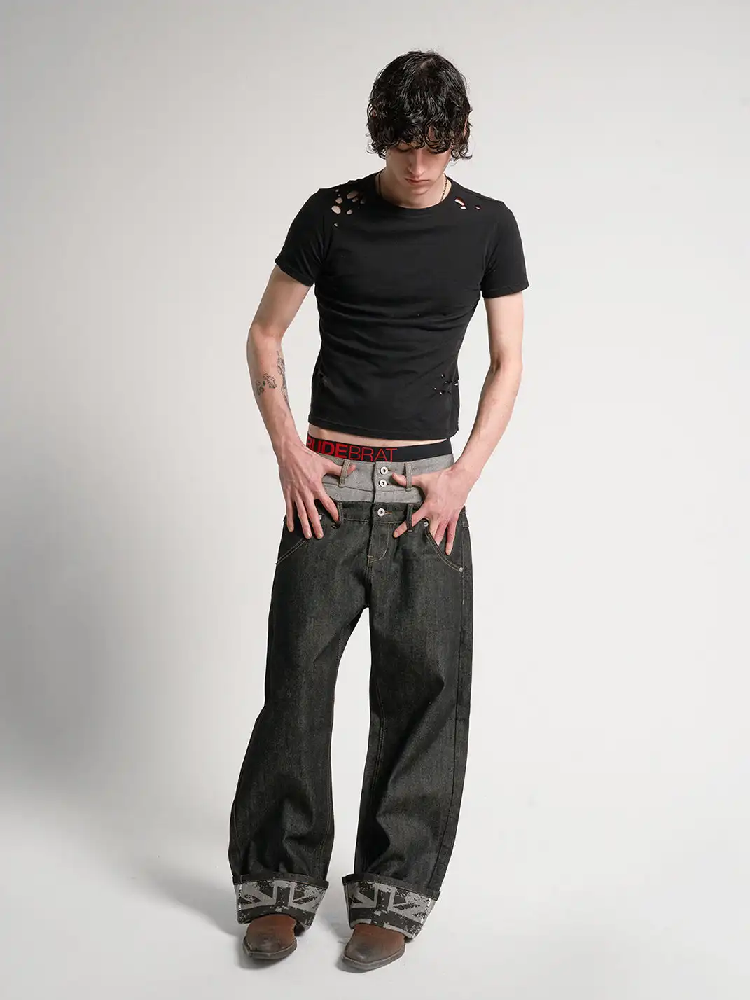 noEmosen | Double Waist Cuffed Rigid Denim Straight-Leg Jeans