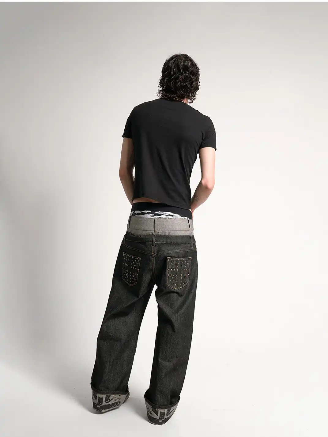 noEmosen | Double Waist Cuffed Rigid Denim Straight-Leg Jeans