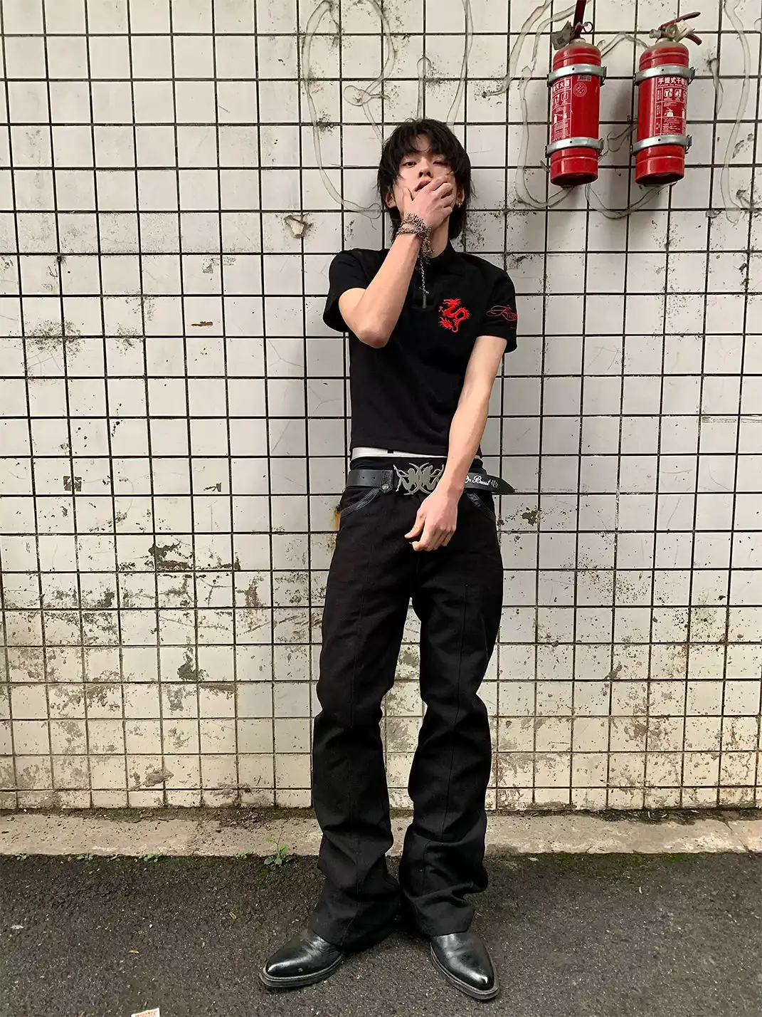 noEmosen | Red Dragon Embroidery Patch Print Lapel T-Shirt