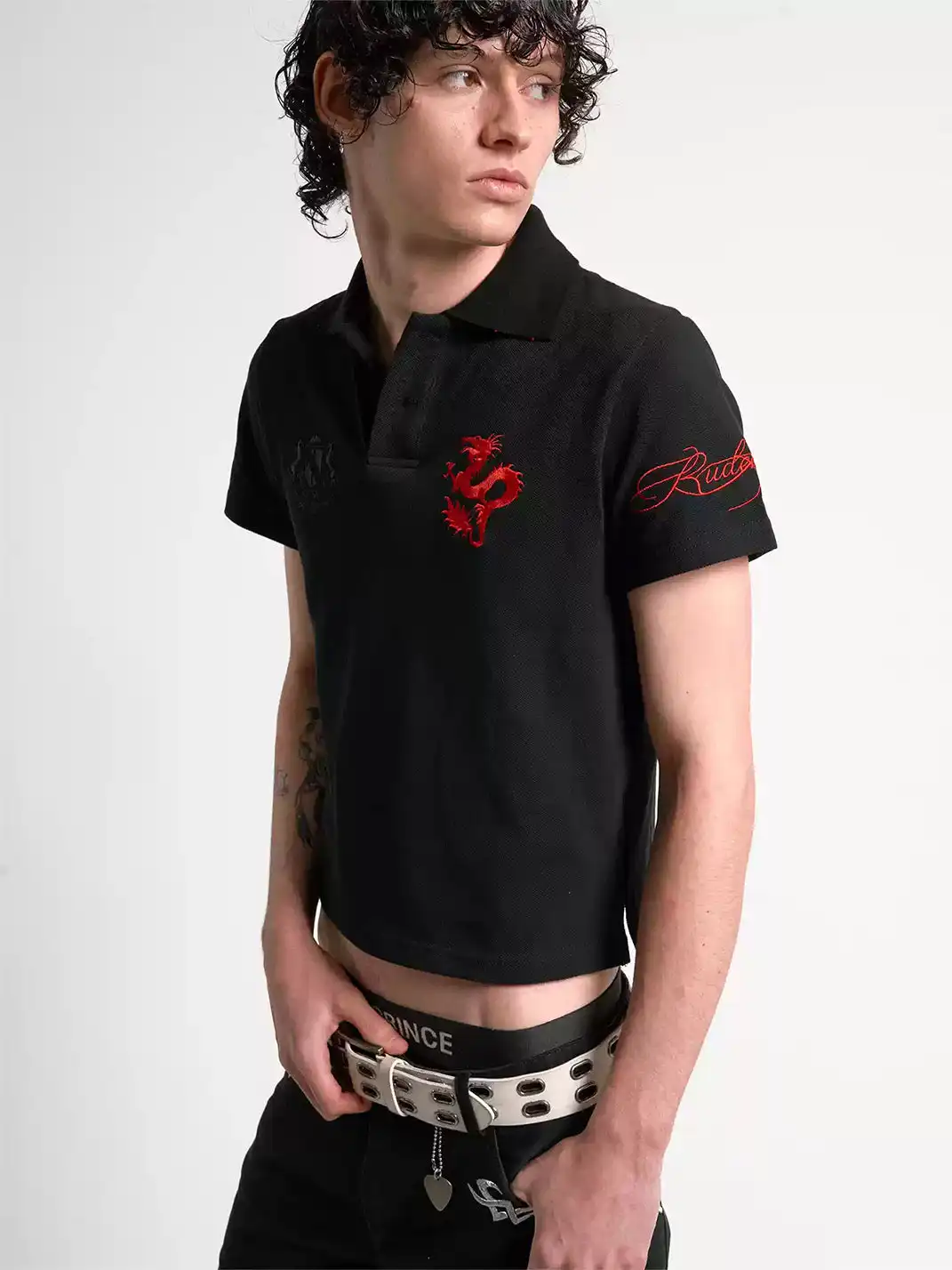 noEmosen | Red Dragon Embroidery Patch Print Lapel T-Shirt