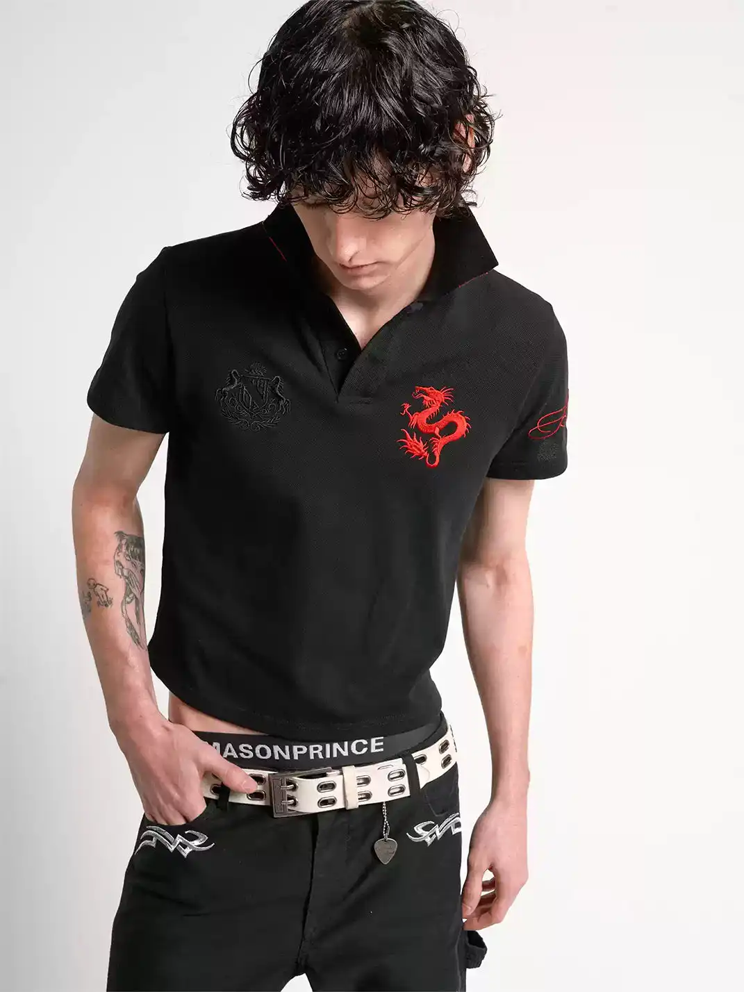 noEmosen | Red Dragon Embroidery Patch Print Lapel T-Shirt