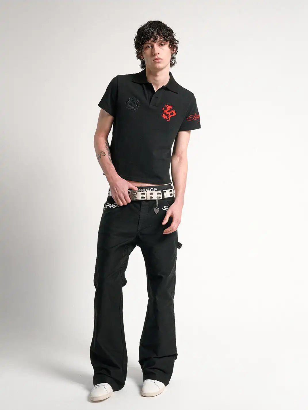 noEmosen | Red Dragon Embroidery Patch Print Lapel T-Shirt