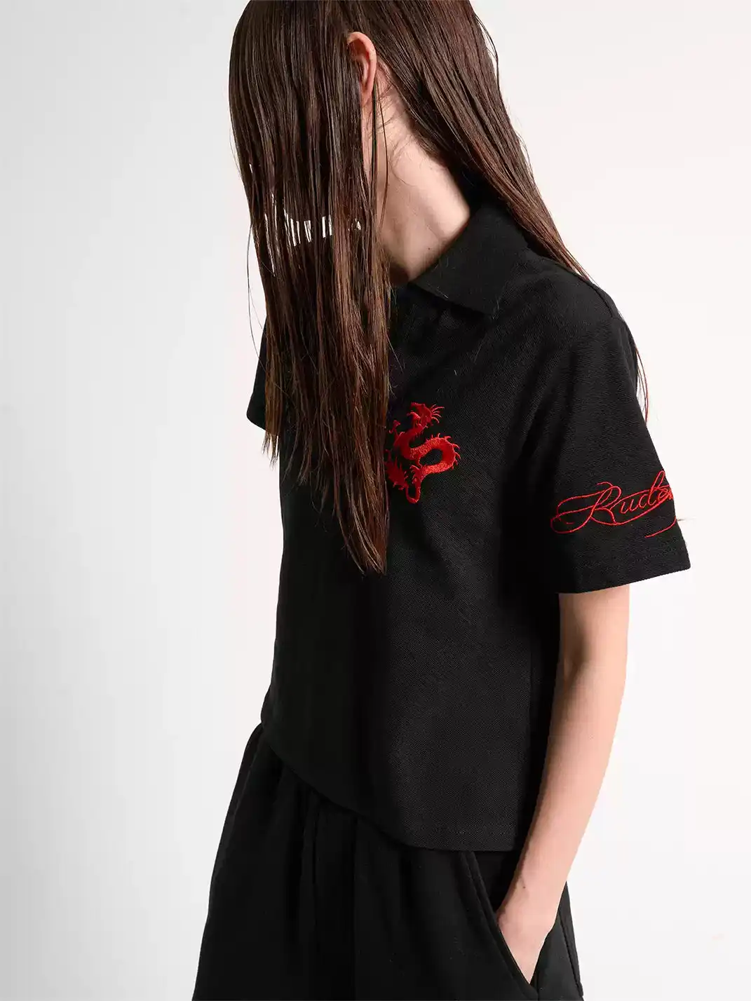 noEmosen | Red Dragon Embroidery Patch Print Lapel T-Shirt