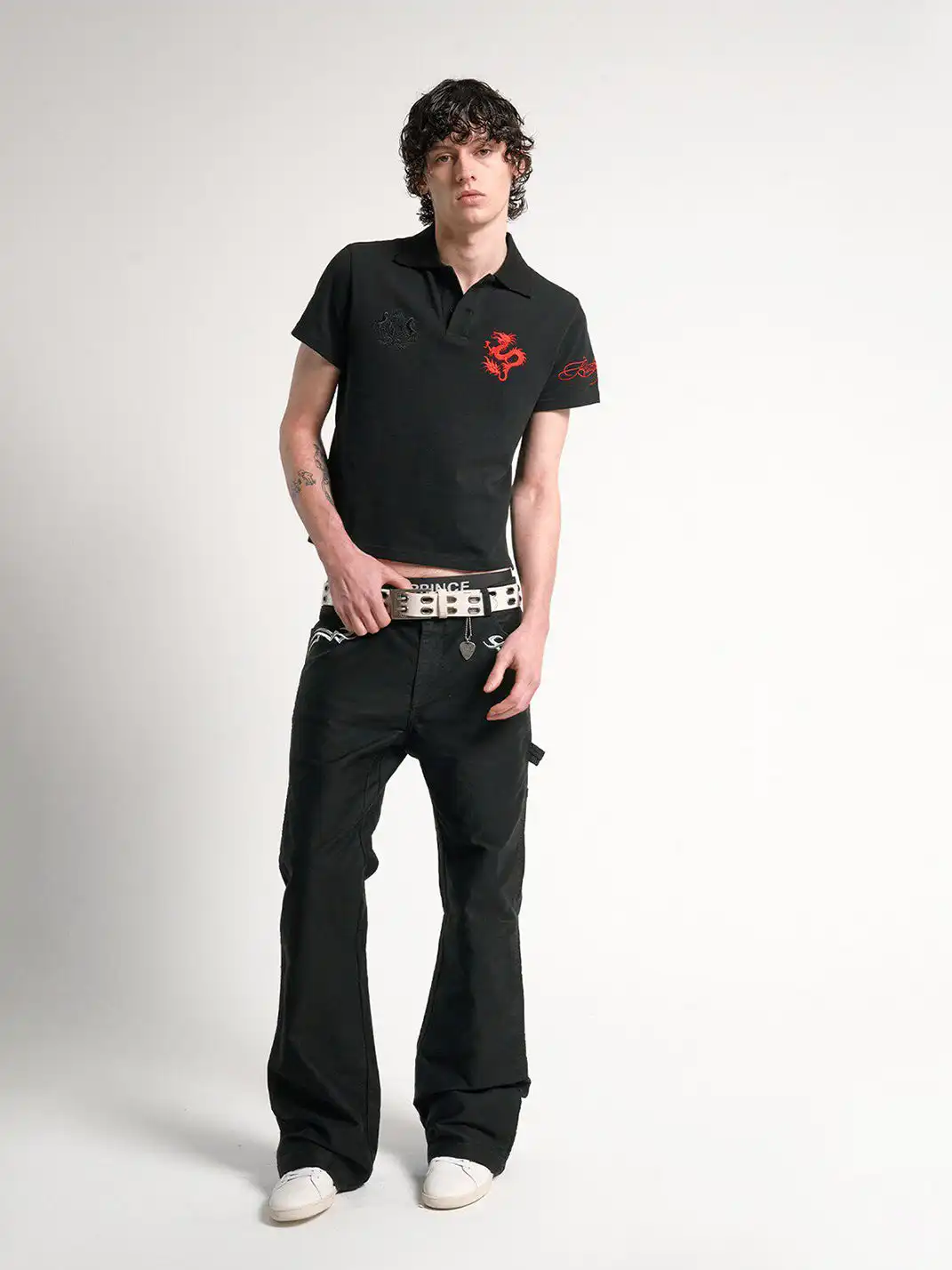 noEmosen | Red Dragon Embroidery Patch Print Lapel T-Shirt