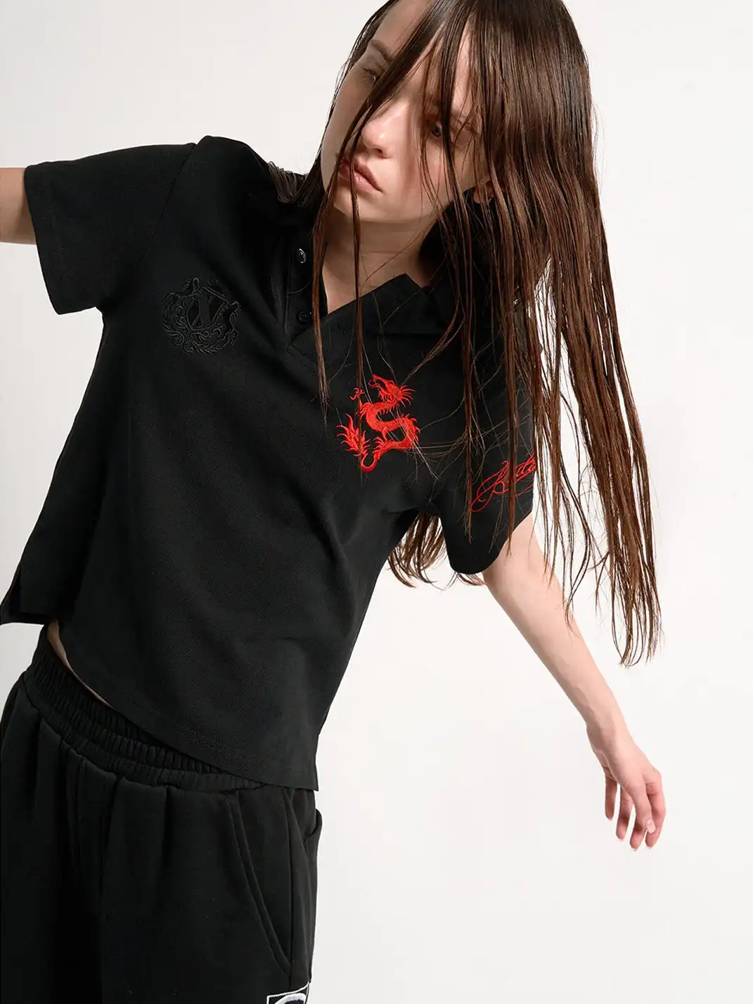 noEmosen | Red Dragon Embroidery Patch Print Lapel T-Shirt