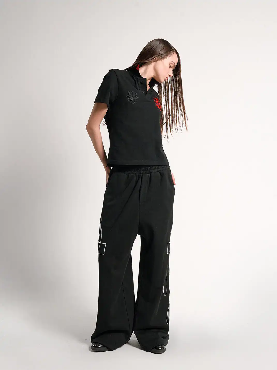 noEmosen | Red Dragon Embroidery Patch Print Lapel T-Shirt
