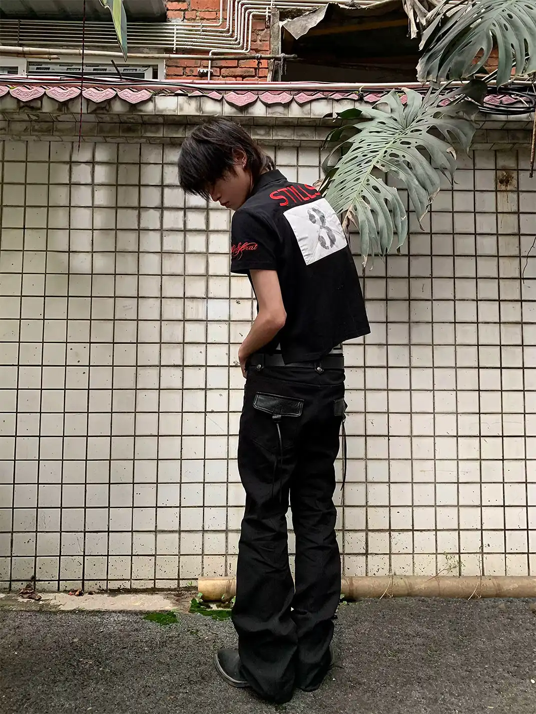 noEmosen | Red Dragon Embroidery Patch Print Lapel T-Shirt