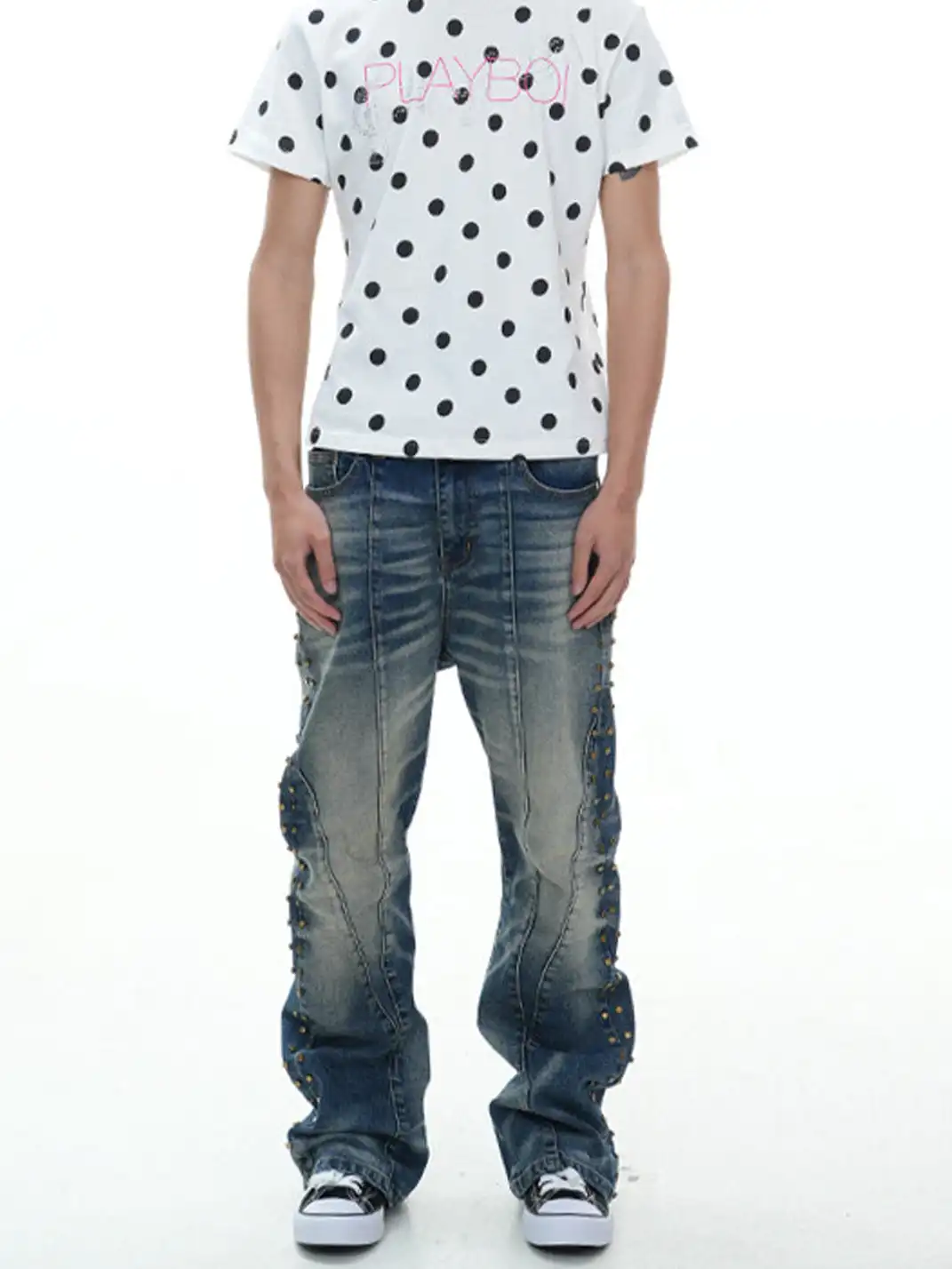 Vinkid | Side Rivet Deconstructed Washed Jeans