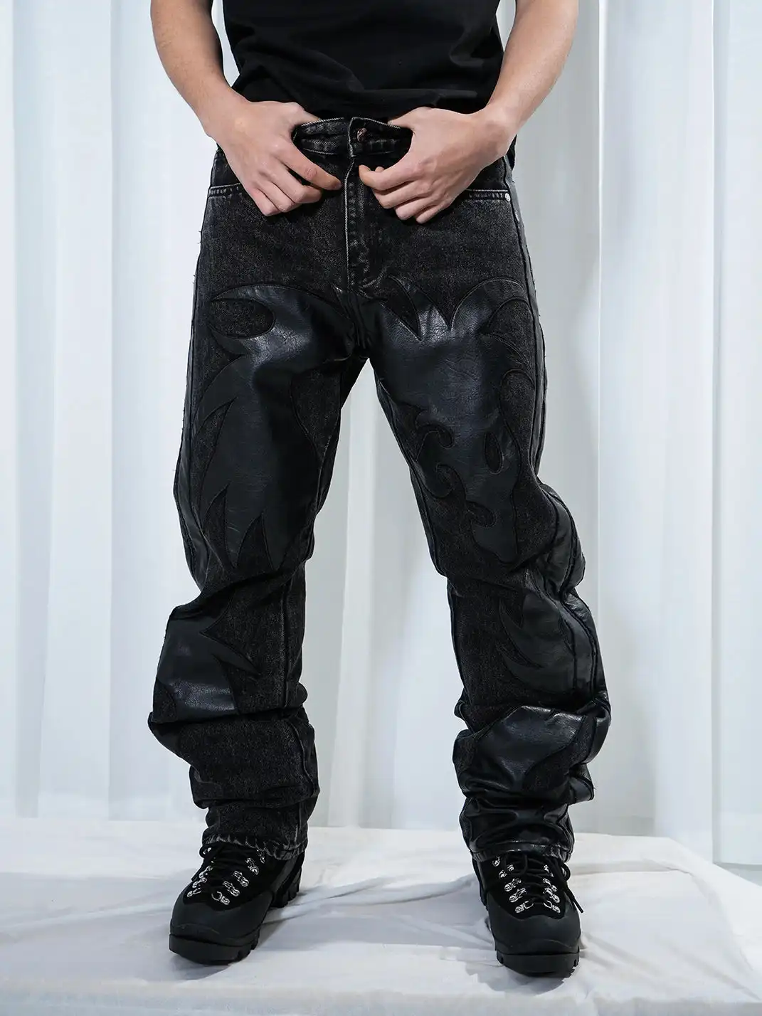 Vinkid | Leather Spliced Jeans