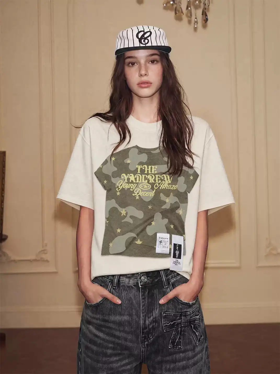 YADcrew | Camouflage Star Print Layered T-Shirt