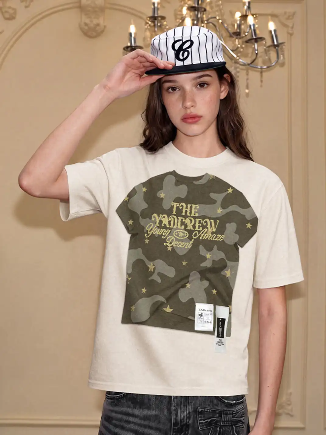 YADcrew | Camouflage Star Print Layered T-Shirt