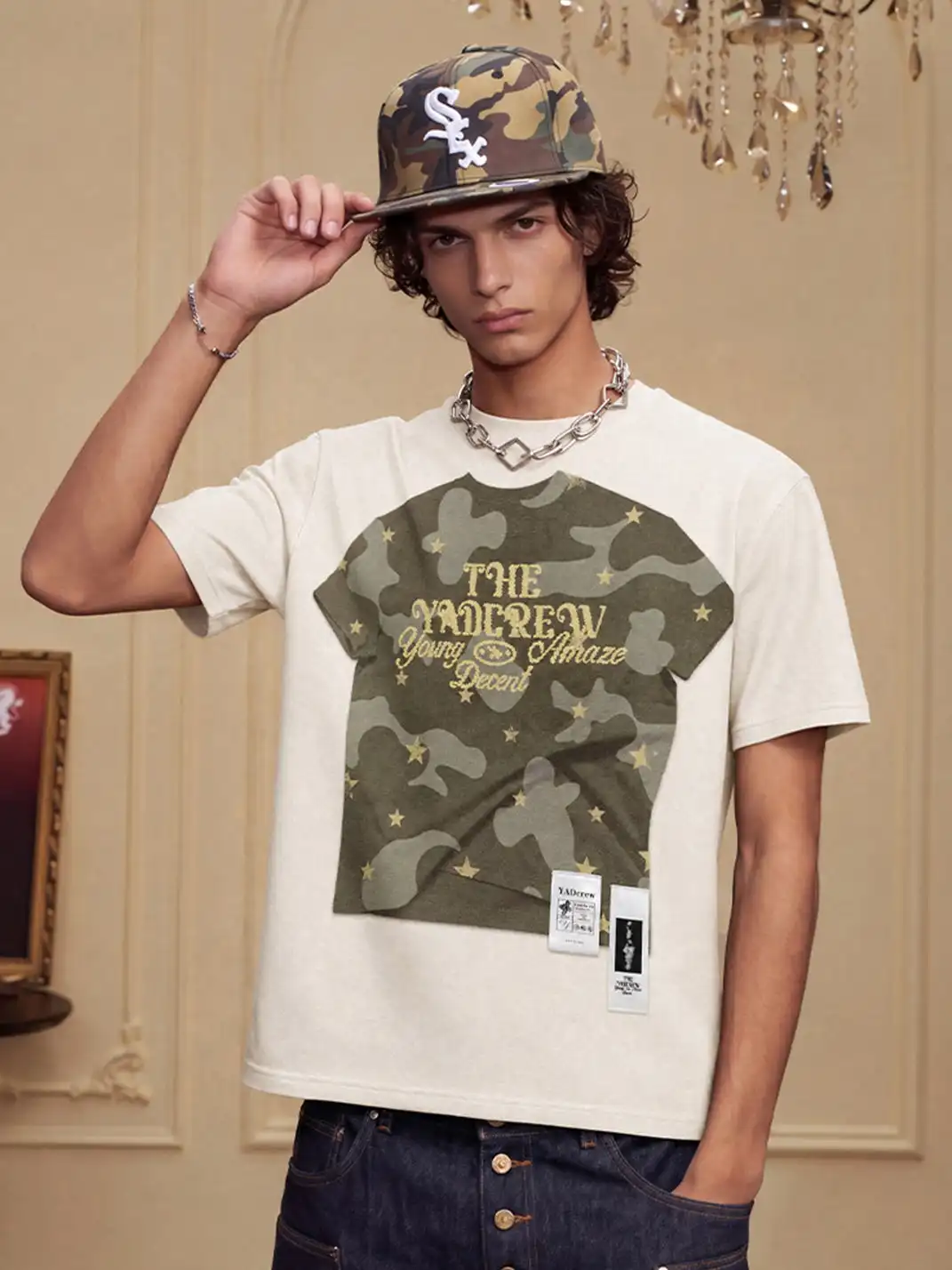 YADcrew | Camouflage Star Print Layered T-Shirt