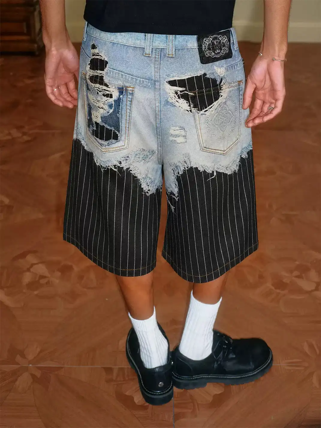 YADcrew | 3D Printed Suit Pants Spliced Ripped Seven-point Jeans