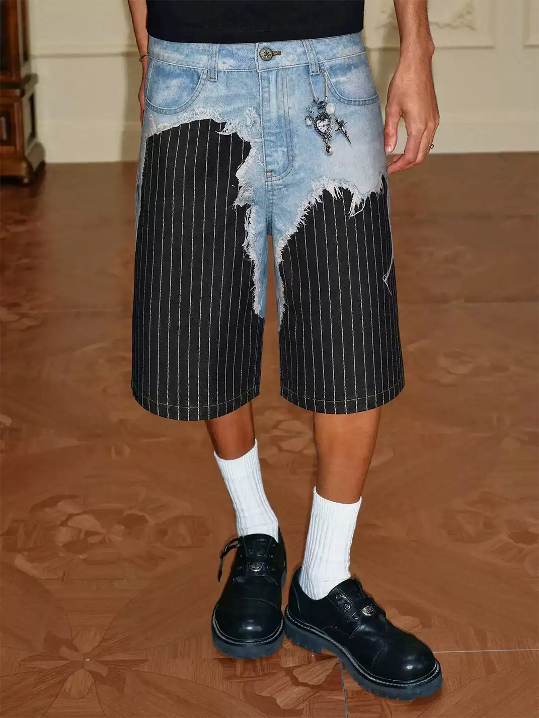 YADcrew | 3D Printed Suit Pants Spliced Ripped Seven-point Jeans