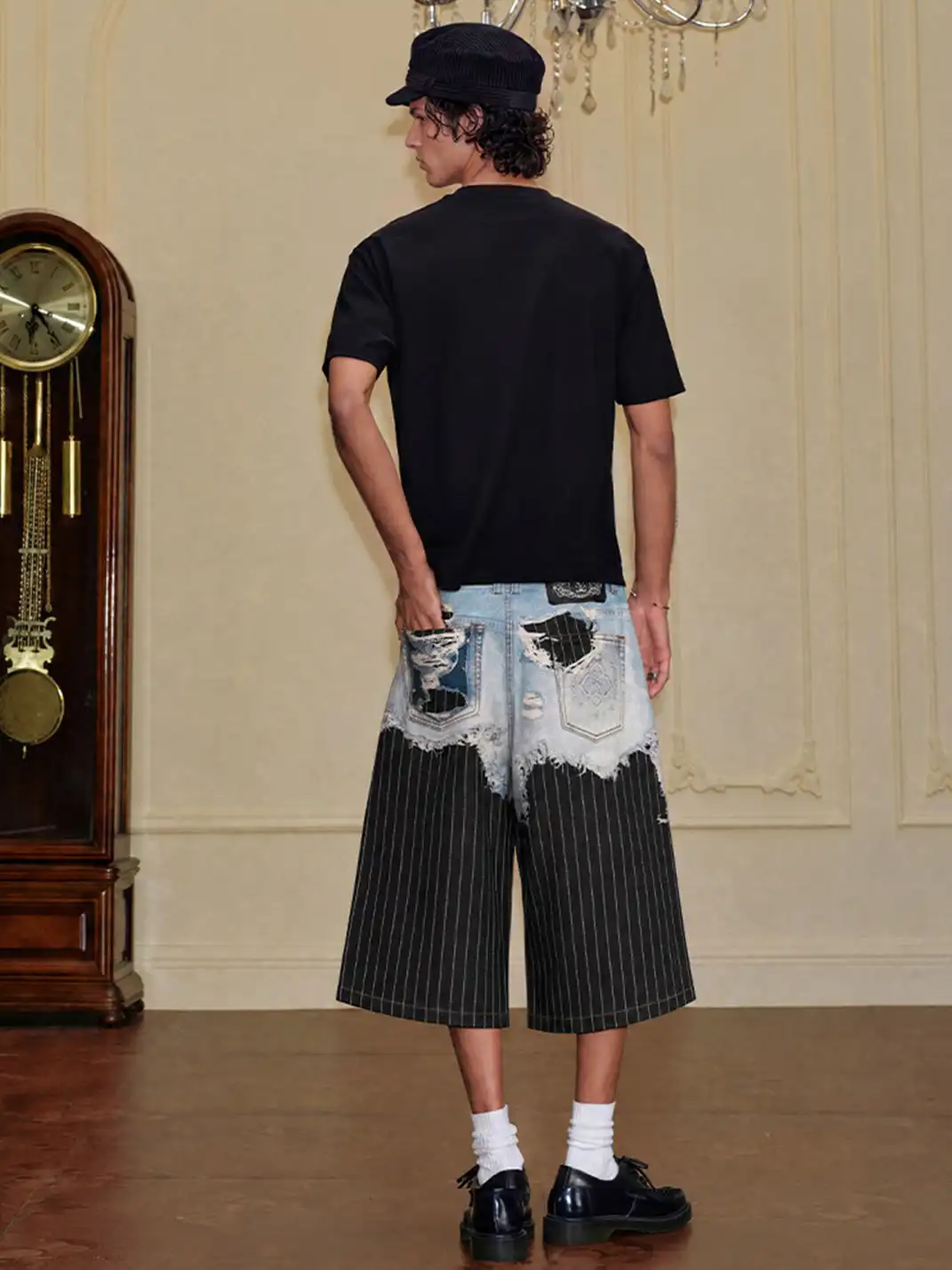 YADcrew | 3D Printed Suit Pants Spliced Ripped Seven-point Jeans