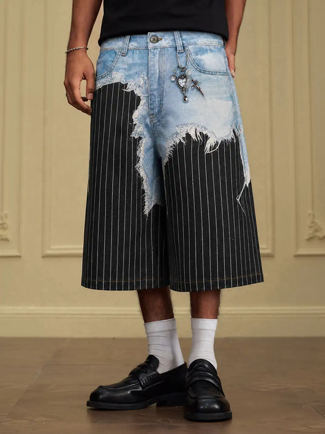 YADcrew | 3D Printed Suit Pants Spliced Ripped Seven-point Jeans