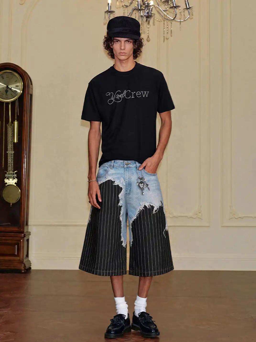 YADcrew | 3D Printed Suit Pants Spliced Ripped Seven-point Jeans